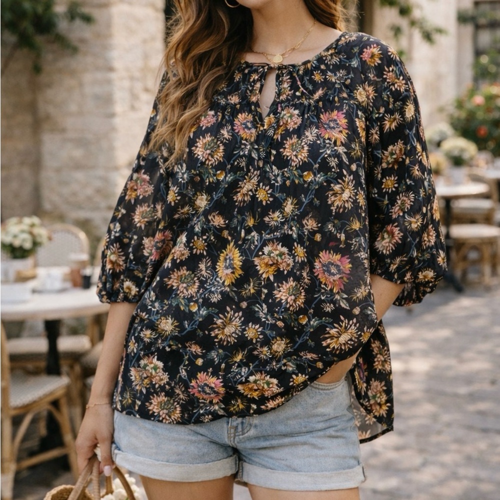 Natural Life Maribel Floral Top | Size L | Boho Hippie Indie Festival Neutral